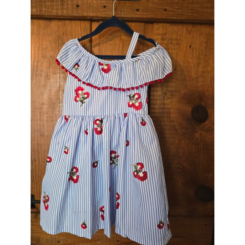 RARE EDITIONS Girls Blue White Striped Floral Embroidered Pom Pom Dress Size 5